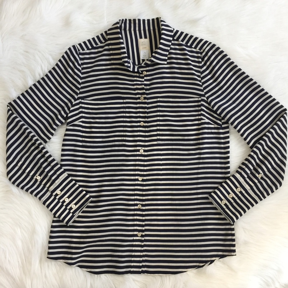 J. CREW The Boy Shirt Silk Navy Creme Stripes - Picture 1 of 6